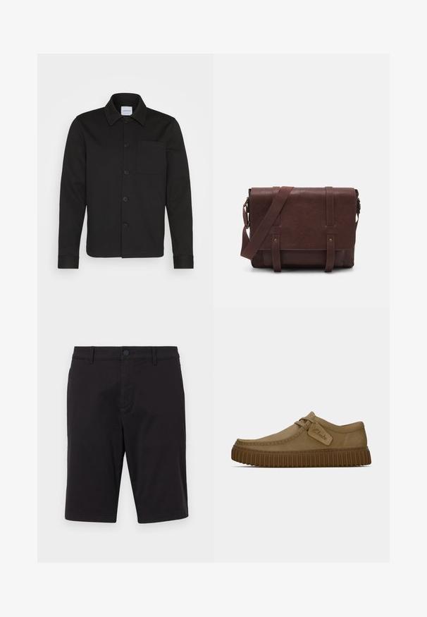 Black button-up jacket made of smooth fabric, featuring a collar, front pocket, and cuffed sleeves. No visible patterns or accents.; Set of five short-sleeve t-shirts in white, beige, light gray, dark gray, and black. Made of smooth cotton, featuring crew neck design.; Black shorts made of a lightweight fabric. Features a button closure, belt loops, two side pockets, and a straight cut.; Light brown suede shoes with a rounded toe, stitched detailing, and a ribbed brown rubber sole. Features a side tag with "Clarks" logo.; Brown leather messenger bag with a flat front flap, two straps, gold hardware accents, and an adjustable shoulder strap.