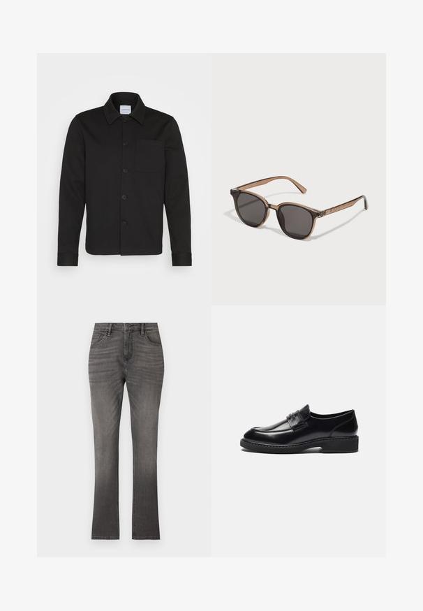 Černá sako na knoflíky vyrobené z hladké tkaniny, se límcem, přední kapsou a manžetami. Žádné viditelné vzory ani akcenty.; Sada pěti triček s krátkým rukávem v bílé, béžové, světle šedé, tmavě šedé a černé barvě. Vyrobena z hladké bavlny, s designem kulatého výstřihu.; Šedé džínové kalhoty s rovného střihu, které mají klasický pětikapsový design a jemné vyblednutí. Standardní zapínání na knoflík a zip.; Zign LEATHER - Elegantní nazouvací boty - black; Hnědé plastové sluneční brýle s tmavými skly, kulatý tvar a zúžené nožky. Výrazná ozdoba na stranicích.