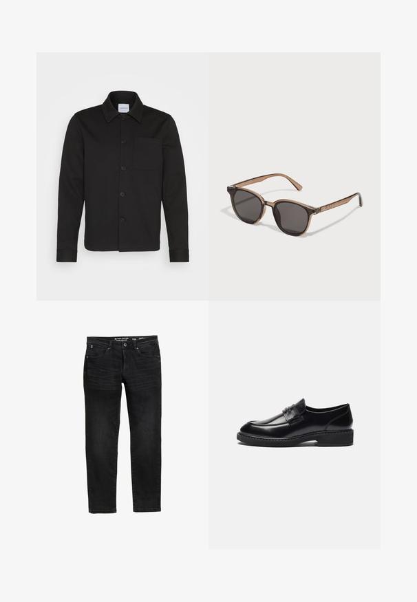 Zwarte button-up jas gemaakt van een gladde stof, met een kraag, een voorzak en omgeslagen mouwen. Geen zichtbare patronen of accenten.; Set van vijf T-shirts met korte mouwen in wit, beige, lichtgrijs, donkergrijs en zwart. Gemaakt van gladde katoen en voorzien van een ronde hals.; Zwarte spijkerbroek van denim met een rechte pasvorm, voorzien van een knoop- en ritsluiting, vijf zakken en een subtiele wassing.; Zign LEATHER - Zakelijke loafers - black; Bruine plastic zonnebril met donkere lenzen, ronde vorm en taps toelopende pootjes. Opvallende versiering op de slapen.