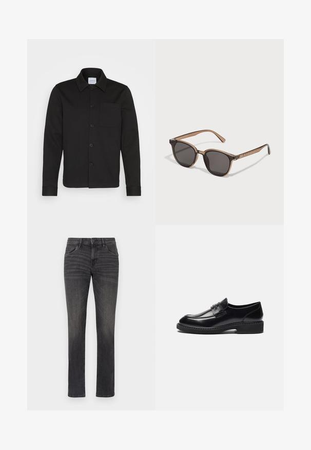 Melns džemperis ar pogām, izgatavots no gludas auduma, ar apkakli, priekšējo kabatu un ar piespraustām piedurknēm. Nav redzamu rakstu vai akcentu.; Piecu īsām piedurknēm T-kreklu komplekts baltā, bēšā, gaiši pelēkā, tumši pelēkā un melnā krāsā. Izgatavoti no gludas kokvilnas, ar apaļu kakla izgriezumu.; Pelēkas džinsa bikses ar taisna kāju dizainu, piecu kabatu stilu un smalku izbalējumu priekšpusē. Iekļauta pogu aizdare un jostas cilpas.; Zign LEATHER - Lietišķa stila iešļūcenes - black; Brūnas plastmasas saulesbrilles ar tumšo lēcu, noapaļotu formu un sašaurinātām kājiņām. Ievērojama rotājuma detaļa uz tempļiem.