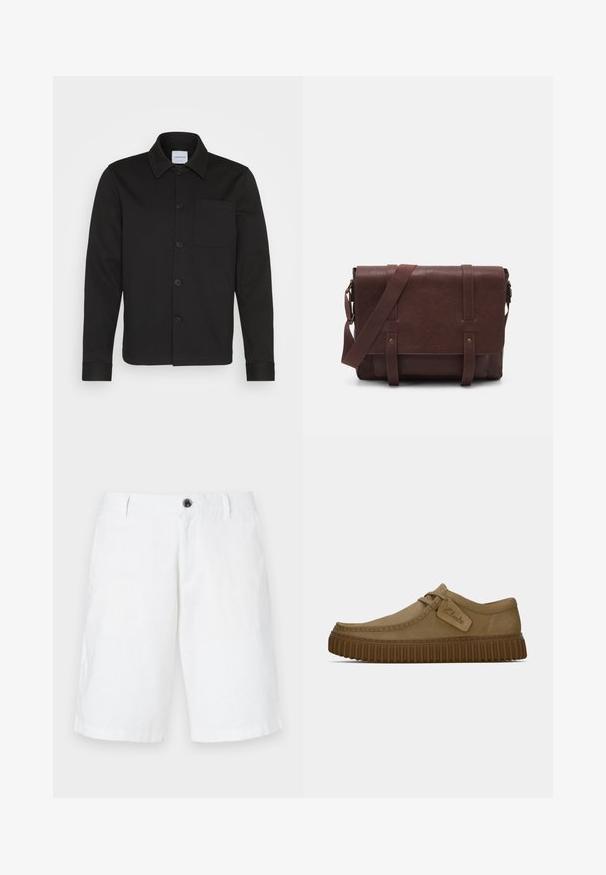 Veste noire à boutons, en tissu lisse, dotée d'un col, d'une poche avant et de manches à poignet. Pas de motifs ni d'accents visibles.; Ensemble de cinq t-shirts à manches courtes en blanc, beige, gris clair, gris foncé et noir. Fabriqués en coton doux, présentant un design à col rond.; Shorts en lin blanc avec une coupe décontractée, dotés d'une fermeture à un bouton, de passants de ceinture et de poches latérales. Texture lisse et ourlet droit.; Chaussures en daim brun clair avec un bout arrondi, des détails cousus et une semelle en caoutchouc brun striée. Présente une étiquette latérale avec le logo "Clarks".; Sac en cuir marron de style messager avec un rabat plat à l'avant, deux sangles, des accents en métal doré et une bandoulière adjustable.