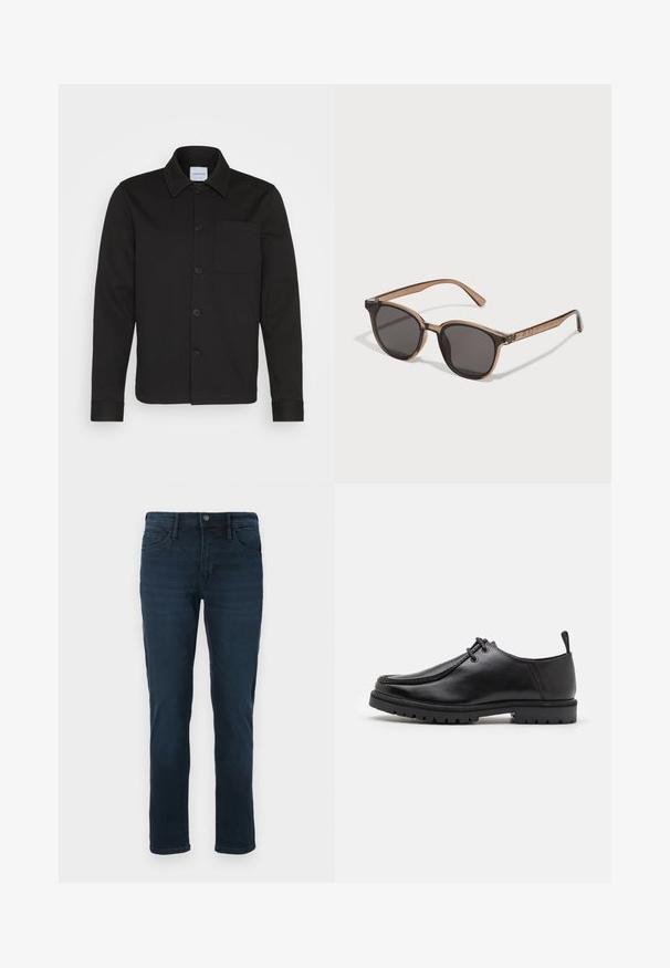 Chaqueta negra de botones en tejido suave, con cuello, bolsillo delantero y mangas con puños. Sin patrones ni adornos visibles.; Conjunto de cinco camisetas de manga corta en blanco, beige, gris claro, gris oscuro y negro. Hechas de algodón suave, con un diseño de cuello redondo.; Jeans de mezclilla azul oscuro con corte recto, con cinco bolsillos, cierre de botón y un ligero desgaste en la parte frontal.; Zapato de cuero negro con cordones, suela resistente y una cinta en el talón, mostrado de lado sobre un fondo blanco.; Gafas de sol de plástico marrón con lentes oscuros, forma redondeada y patillas estrechas. Adorno notable en las varillas.