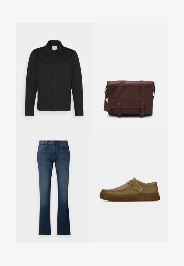 Black button-up jacket made of smooth fabric, featuring a collar, front pocket, and cuffed sleeves. No visible patterns or accents.; Set of five short-sleeve t-shirts in white, beige, light gray, dark gray, and black. Made of smooth cotton, featuring crew neck design.; Dark blue denim jeans with a slight flare at the bottom, structured waistband, five pockets, and subtle fading near the hem.; Light brown suede shoes with a rounded toe, stitched detailing, and a ribbed brown rubber sole. Features a side tag with "Clarks" logo.; Brown leather messenger bag with a flat front flap, two straps, gold hardware accents, and an adjustable shoulder strap.