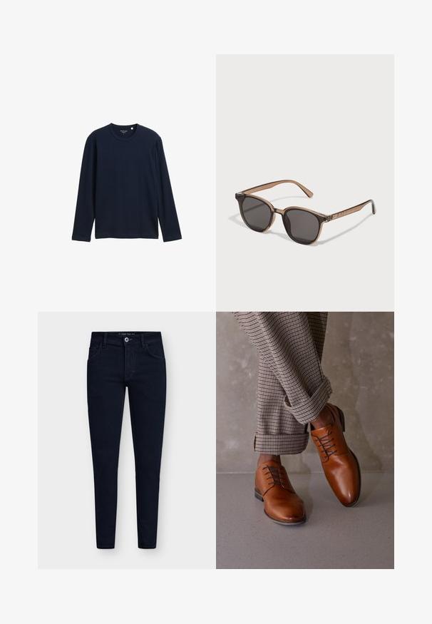 Črna jakna z gumbi, izdelana iz gladkega blaga, z ovratnikom, sprednjim žepom in manšetami. Brez vidnih vzorcev ali dodatkov.; Temno modra majica s dolgimi rokavi iz mehkega bombaža, okroglega ovratnika in sproščenega kroja, brez vidnih vzorcev ali okrasnih elementov.; Tri dolgi rokavi srajce: svetlo modra, bela in mornarsko modra. Vse imajo klasičen ovratnik in gumbast sprednji del, izdelane so iz gladkega materiala.; Temno modri, oprijeti kavbojke s petimi žepi, z gumbom za zapiranje in trdno denim tkanino. Imajo klasičen dizajn in minimalno šivanje.; Rjave usnjene čevlje odlikuje zaobljen odmerek, pet odprtin za vezalke in kontrastne temne vezalke. Hlače so karirane, zavite pri robovih.; Rjave plastične sončna očala s temnimi lečami, okrogle oblike in zoženimi ročaji. Opozarjajoča okrasitev na templjih.; Rjava usnjena torba za sporočila z ravnim sprednjim poklopcem, dvema trakovoma, zlatimi kovinskimi detajli in nastavljivim naramnim pasom.