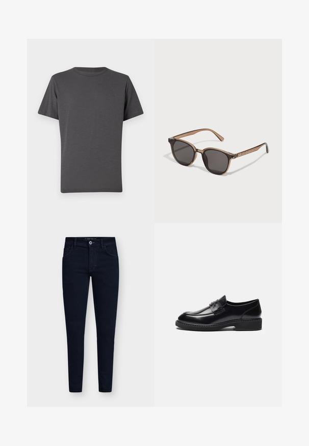 Sort knapjakke lavet af glat stof, med krave, forlommer og manchetter. Ingen synlige mønstre eller accenter.; Mørkegrå t-shirt med rund hals, korte ærmer, lavet af blødt stof. Har et diskret logo på forsiden, glat tekstur med minimale sømme.; Mørkeblå, slim-fit jeans med fem lommer, knaplukning og et slidstærkt denimstof. Har et klassisk design og minimal syning.; Zign LEATHER - Business loafers - black; Brune plastiksolbriller med mørke linser, rund form og tilspidsede stænger. Bemærkelsesværdige dekorationer på templerne.