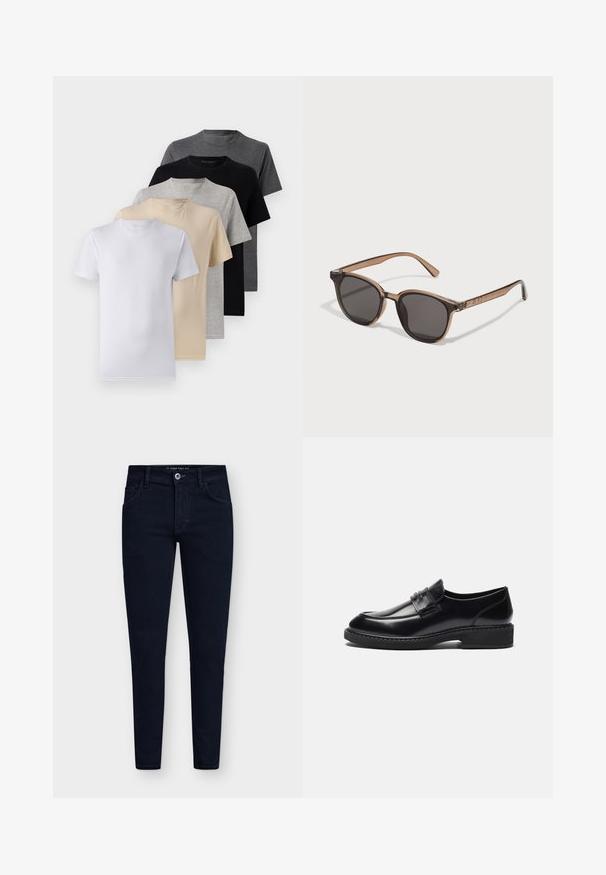 Juodas mygtukų užsegamas švarkas, pagamintas iš lygaus audinio, su apykakle, priekinėmis kišenėmis ir rankovėmis su raukiniais. Be matomų raštų ar akcentų.; Penki trumpomis rankovėmis marškiniai, baltos, smėlio, šviesiai pilkos, tamsiai pilkos ir juodos spalvų. Pagaminti iš švelnaus medvilnės, suapvalinto kaklo dizainu.; Tamsiai mėlynos, aptemptos džinsinės kelnės su penkiomis kišenėmis, sagos uždarymu ir tvirtu džinsinio audinio paisymu. Yra klasikinio dizaino ir minimalus siuvinėjimas.; Zign LEATHER - Puošnūs įsispiriami bateliai - black; Rudos plastikiniai saulės akiniai su tamsiais objektyvais, apvalia forma ir siaurėjančiomis kojelėmis. Išskirtinis puošybos elementas ant šventyklų.