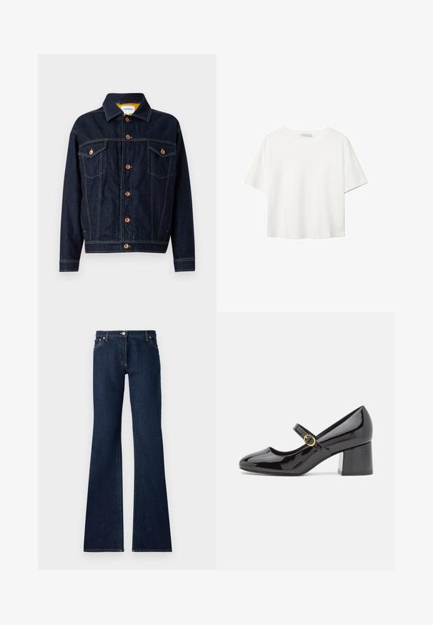 Dunkelblaue Jeansjacke mit kupferfarbenen Beschlägen, zwei Brusttaschen, geradem Schnitt und sichtbaren Nähten. Klassisches Kragen-Design.; Weißes T-Shirt mit kurzen Ärmeln aus Baumwolle. Hat einen Rundhalsausschnitt und eine lockere Passform. Glatte Textur ohne sichtbare Muster oder Akzente.; Dunkelblaue Schlagjeans aus Denim mit fünf Taschen, Gürtelschlaufen und kontrastierendem gelben Stich entlang der Nähte.; Stuart Weitzman STUART - Pumps - black