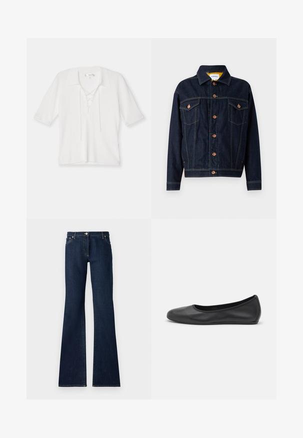 Dunkelblaue Jeansjacke mit kupferfarbenen Beschlägen, zwei Brusttaschen, geradem Schnitt und sichtbaren Nähten. Klassisches Kragen-Design.; FRAME LACE UP - T-Shirt basic - off white; Dunkelblaue Schlagjeans aus Denim mit fünf Taschen, Gürtelschlaufen und kontrastierendem gelben Stich entlang der Nähte.; Schwarze Leder-Ballettschuhe mit abgerundeter Spitze, glatter Textur, minimalen Nähdetails und einem flexiblen Sohlen-Design.