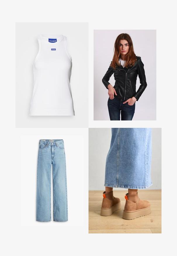 Svart läderbikerjacka med dragkedja fram och fickor. Har en figurnära design och slät textur, kompletterad med silverdetaljer.; Vit ärmlös tanktop i ribbad tyg, med rund halsringning och en blå "HUGO"-etikett nära kragen. Slät textur.; Högmidjade, ljusblå vida jeans med frontknapp och dragkedja, bältesloopar och femficksdesign.; Bruna mockakängor med plattform och elastiska sidopaneler samt orange dragflikar, till kombinerade med en knälång ljus denimkjol på ett trägolv.