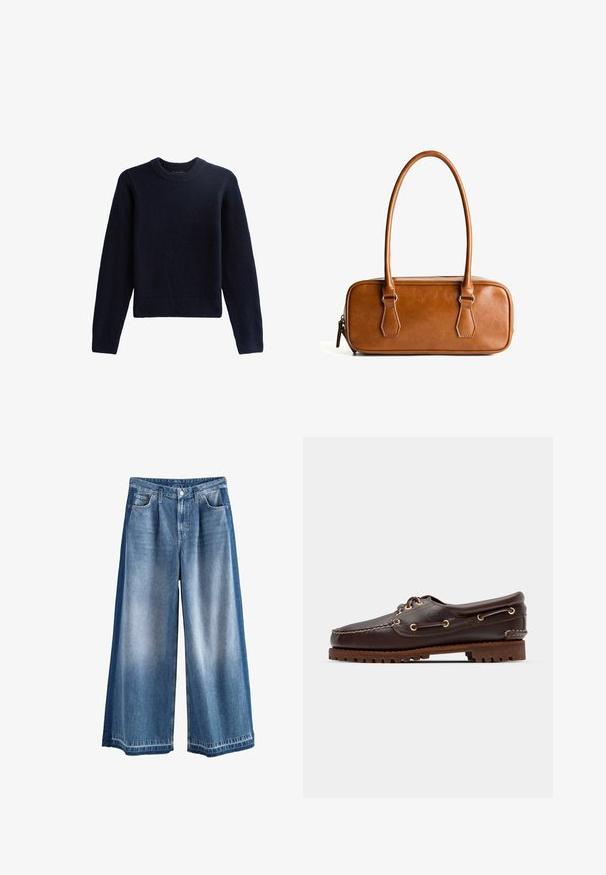 Brązowa skórzana kurtka z zamkiem błyskawicznym, prążkowanym dołem i stójką. Posiada boczne kieszenie z zatrzaskami oraz fakturowaną powierzchnię.; Granatowy sweter z okrągłym dekoltem, wykonany z miękkiego, teksturowanego materiału, z długimi rękawami i skróconym dołem. Prosty fason bez ozdób.; Spodnie dżinsowe z szerokimi nogawkami w jasnoniebieskim do średnio-niebieskiego odcienia, z wyblakłym wykończeniem, klasycznymi kieszeniami i zapięciem na guziki. Wytrzymały bawełniany materiał.; Brązowe skórzane buty w stylu boat shoe z złotymi oczkami, okrągłymi sznurowadłami oraz teksturowaną brązową gumową podeszwą. Zawierają przeszycia i wypukłe logo.; Brązowa skórzana torba na ramię z dwiema długimi uchwytami, prostokątnym kształtem, gładką fakturą, zamkiem błyskawicznym i akcentami w kolorze srebrnym.