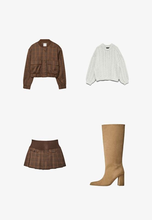 Brązowa bomberka w kratę z krótkim fasonem, prążkowanym kołnierzem, dwiema przednimi kieszeniami, elastycznym pasem i długimi rękawami.; Biały sweter dziergany z wzorem w warkocze, okrągłym dekoltem oraz długimi rękawami z ściągaczami na końcach i na dole.; Brązowa spódnica w kratę z ribbowanym paskiem, posiada dwie przednie kieszenie z zatrzaskami, plisowany krój i dopasowany wykończenie.; Karmowe zamszowe botki do kolan na słupku, z ostrym noskiem i gładką fakturą. Minimalistyczny design bez ozdób.