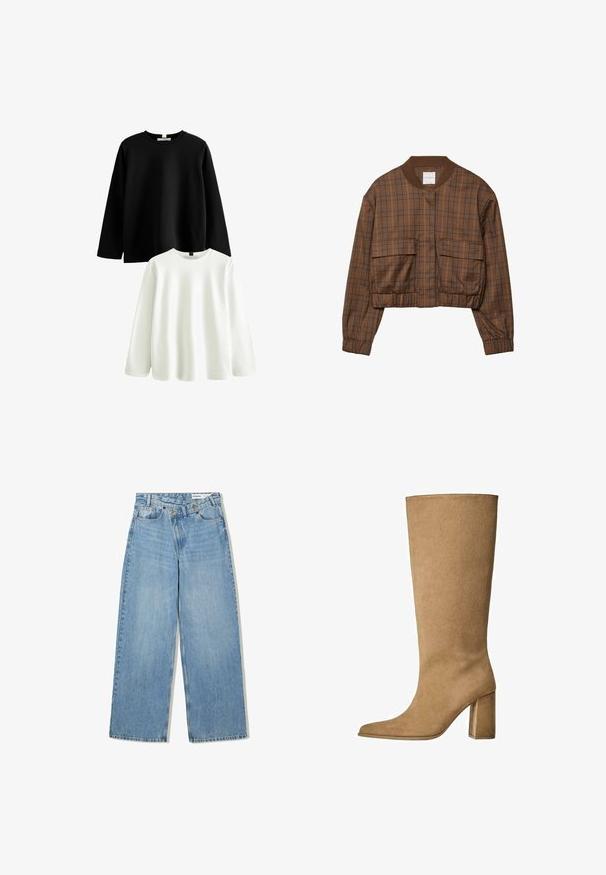 Brun rutigt bomberjacka med kortad design, ribbat krage, två framfickor, elastisk midja och långa ärmar.; Vit stickad tröja med ett kabelstickat mönster, rund halsringning och långa ärmar med ribbade muddar och nederkant.; Två långärmade skjortor: en svart och en vit. Båda har en klassisk rund krage, gjorda av mjuk bomull, med en slät yta.; Ljusblå vida jeans i denim, med hög midja, fem fickor, knappstängning och subtil blekning för textur.; Tan mockasins knähöga stövlar med blockklack, med spetsig tå och slät textur. Minimalistisk design utan utsmyckningar.