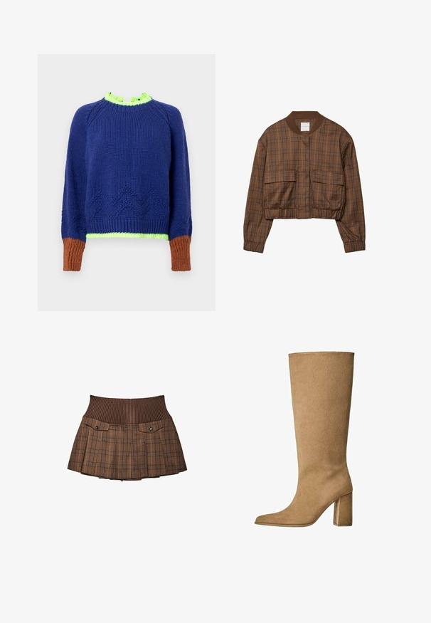 Brun ternet bomberjakke med cropped design, ribbestrikket krave, to forlommer, elastisk talje og lange ærmer.; Marineblåstrikket sweater med et tekstureret zigzagmønster, grøn flæsekrave og brune ribstrikkede manchetter. Har levende farvekontraster og en afslappet pasform.; Brunternet nederdel med ribbet talje, har to forlommer med trykknapper, plisseret design og skræddersyet finish.; Tan ruskinds knæhøje støvler med blokhæle, der har en spids tå og en glat overflade. Minimalistisk design uden udsmykninger.