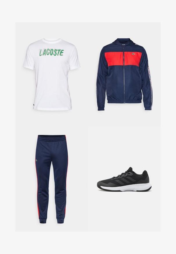 Tamsiai mėlyna ir raudona zip-up treniruočių striukė su gobtuvu; turi elastines rankoves, logotipo pleistrą ant krūtinės ir juostelės akcentus ant rankovių. Lygus poliesterio audinys.; Balta medvilnė marškinėliai su žodžiu "LACOSTE" žaliai atspausdintu per visą priekį. Trumpomis rankovėmis, apvaliu iškirpimu ir mažas logotipas kairiajame apatinės pusės kampe.; Jūrinės sportinės kelnės su raudonomis šoninėmis juostelėmis, elastinga liemene, su guminėmis kulkšnims, ir mažas žalias logotipas kairėje šlaunyje. Minkšta medžiaga.; Juodas sportinis batelis su tekstūruota viršutine dalimi, trimis horizontaliomis juostelėmis ir baltu padu su raštuotu protektoriumi. Lengvas ir aerodinamiškas dizainas.