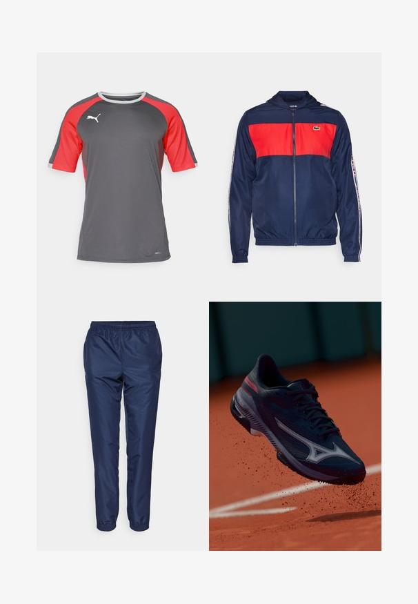 Tumesinine ja punane kapuutsiga spordijakk; omadused hõlmavad elastseid mansette, rinnal asuvat logo silti ja triibulisi aktsente varrukatel. Sile polüestri kude.; Hallukas hallides T-särk punaste võrkpäistega, ümmarguse kaelusega ja valge Puma logoga rinnal, valmistatud niiskust tõrjuvast kangast.; Tumesinine spordipüksid, mis on valmistatud kergest kangast, omavad elastset vööd ja kitsenevaid jalgu elastsete Mansettidega pahkluude juures.; Sinine spordijalats valgete detailidega, tekstuurse pinnaga ja silmapaistva nöörimise süsteemiga, rippuv punase savikohtumise kohal, millel on tolm.