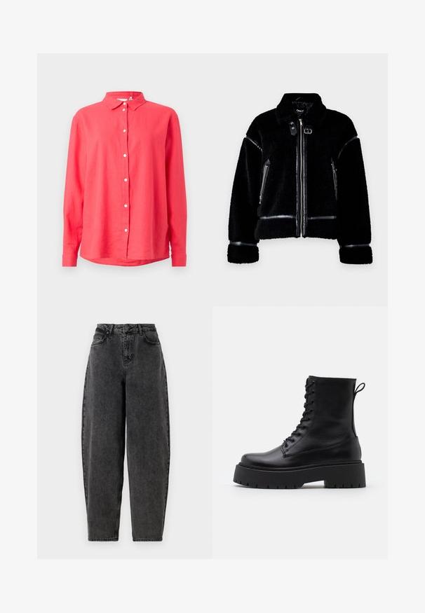 Black shearling jacket featuring a zip closure, faux leather accents, zippered pockets, and a collar. Textured soft fabric and tailored fit.; Coral long-sleeve shirt with a button-down collar, made of lightweight fabric, featuring a straight cut and white front buttons.; High-waisted black denim jeans with a relaxed fit, featuring traditional five-pocket design and a button fly. Textured, non-stretch fabric.; Black leather ankle boots with a round toe, lace-up front, and a thick rubber sole featuring a textured tread. Pull tab at the back.