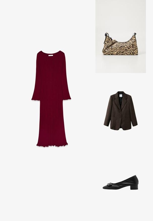 Rjav volnen blazer z izrezanimi reverji, dvema sprednjima žepoma in zapiranjem na dve gumba. Notranjost je oblažena s črno tkanino za kontrast.; Bordo dolga obleka z rebrastim vzorcem, širokimi rokavi in valovitim robom. Ima okroglo ovratnik in je dolga do tal.; Črne usnjene škornje s koničastim nosom, majhnim kvadratnim peto in dekorativno zaponko na zgornjem delu. Gladka tekstura in preprost dizajn.; Tote torba v tigrovem vzorcu, z bež osnovo in črnimi črtami, gladka tekstura in črni poudarki. Vključeno je nastavljivo sidro.