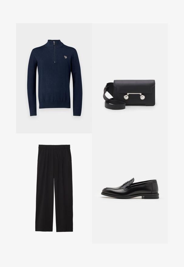 Jachetă bomber neagră dintr-un material neted, cu închidere prin fermoar frontal, manșete ribbed și un buzunar cu fermoar pe mâneca stângă.; Pulover tricotat bleumarin cu guler înalt și fermoar pe jumătate. Prezentând un mic logo brodat cu un elefant pe piept. Mâneci lungi.; Pantaloni negri largi, cu un front plisat, buzunare laterale și o textură de țesătură netedă. Concepuți pentru o croială relaxată.; Mocasini din piele neagră cu o textură netedă, vârf rotund și o curea decorativă peste partea superioară. Toc mic, design minimalist.; Geantă din piele neagră, tip crossbody, cu închidere prin clapetă, accesorii din metal de culoare argintie și două accente rotunde. Dispune de o curea detașabilă. Textură netedă.