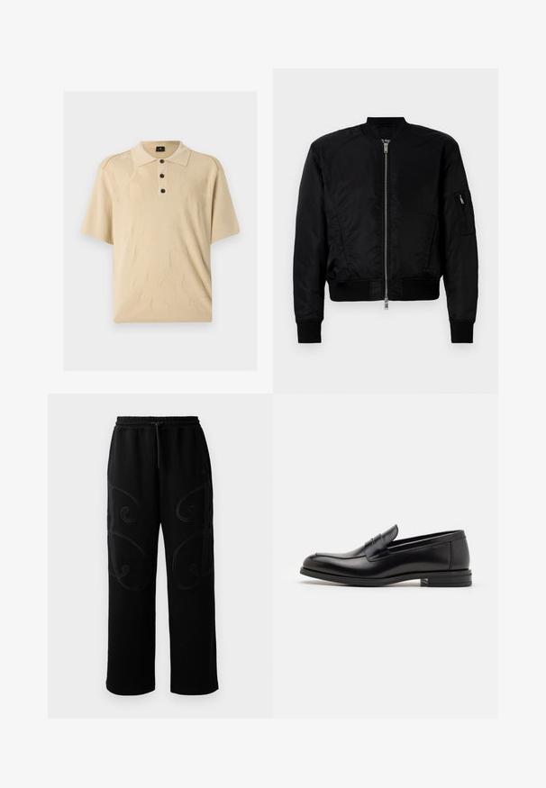 Casaco bomber preto feito em tecido suave, com fecho frontal em zíper, punhos canelados e um bolso com zíper na manga esquerda.; Camisa polo bege com um padrão floral texturizado, pala de três botões e mangas curtas. Feita de um tecido macio com detalhes contrastantes nos ombros.; Calças de treino pretas com um corte relaxado, apresentando padrões de costura em espiral intrincados nas laterais e uma cintura elástica com cordão.; Mocassins de couro preto com uma textura suave, bico arredondado e uma faixa decorativa sobre o peito do pé. Salto baixo e empilhado, design minimalista.