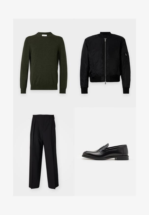 Black bomber jacket made of smooth fabric, featuring a front zip closure, ribbed cuffs, and a zip pocket on the left sleeve.; Dark green sweater made from a textured wool blend, featuring a crew neckline and long sleeves, with ribbed cuffs and hem.; Black pleated trousers with a straight, wide-leg design. Made from smooth fabric, featuring a button closure and belt loops.; Black leather loafers with a smooth texture, rounded toe, and a decorative strap across the vamp. Low stacked heel, minimalist design.