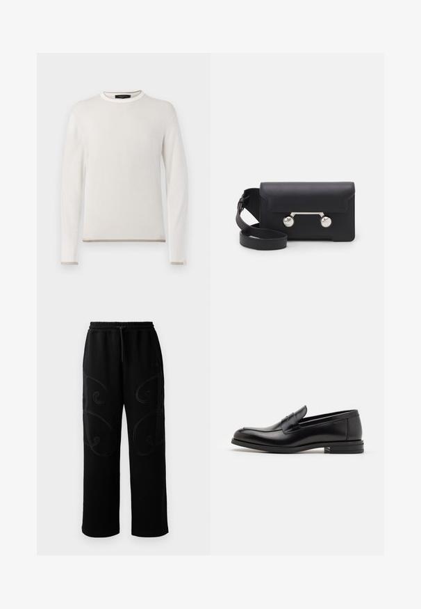 Schwarze Bomberjacke aus glattem Stoff, mit einem Reißverschluss vorne, gerippten Ärmeln und einer Reißverschlusstasche am linken Ärmel.; Weißer, gerippter Pullover mit langen Ärmeln, rundem Ausschnitt und kontrastierendem beigem Saum und Bündchen. Weiche Strickstruktur.; Schwarze Sweatpants mit lockerer Passform, die an den Seiten über aufwendige, spiralförmige Nähmuster verfügen und einen elastischen Bund mit Kordelzug haben.; Schwarze Lederloafers mit glatter Textur, rundem Zehenbereich und einem dekorativen Riemen über dem Vorderfuß. Niedriger, gestapelter Absatz, minimalistisches Design.; Schwarze Leder-Umhängetasche mit Klappenverschluss, silberfarbener Hardware und zwei runden Akzenten. Verfügt über einen abnehmbaren Schulterriemen. Glatte Textur.