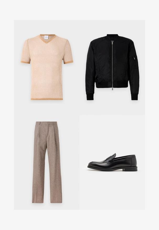Schwarze Bomberjacke aus glattem Stoff, mit einem Reißverschluss vorne, gerippten Ärmeln und einer Reißverschlusstasche am linken Ärmel.; Beige gestricktes Kurzarm-V-Ausschnitt-T-Shirt mit gerippter Textur und kontrastierendem braunem Saum entlang des Kragens und der Ärmel.; Braune, hochtaillierte Hose aus strukturiertem Stoff. Mit weitem Bein und zwei vorderen Bügelfalten für zusätzliche Form. Saubere Verarbeitung ohne sichtbare Hardware.; Schwarze Lederloafers mit glatter Textur, rundem Zehenbereich und einem dekorativen Riemen über dem Vorderfuß. Niedriger, gestapelter Absatz, minimalistisches Design.