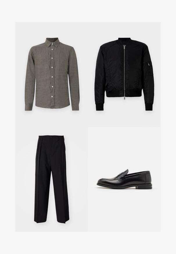 Czarna kurtka bomberka z gładkiego materiału, z zamkiem z przodu, ściągaczami na rękawach oraz kieszenią na zamek na lewym rękawie.; Męska koszula z długim rękawem wykonana z teksturowanego szarego lnu, z kołnierzykiem zapinanym na guziki oraz listwą z przodu z kontrastującymi guzikami.; Czarne plisowane spodnie o prostym, szerokim kroju nogawek. Wykonane z gładkiego materiału, z zapięciem na guzik i pętelkami na pasek.; Czarne skórzane mokasyny o gładkiej fakturze, zaokrąglonym nosku i dekoracyjnym pasku na przodzie. Niski, warstwowy obcas, minimalistyczny design.
