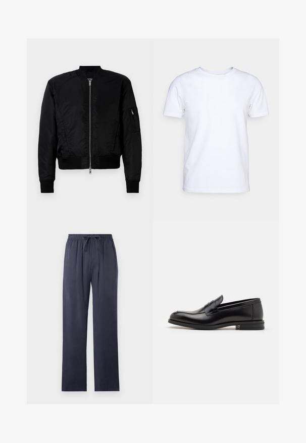 Chaqueta bomber negra hecha de tela suave, con cierre frontal de cremallera, puños de canalé y un bolsillo con cremallera en la manga izquierda.; Camiseta blanca de manga corta en tejido de algodón con cuello redondo. Diseño simple sin patrones ni acentos. Textura suave.; Pantalones de color azul marino, de corte holgado, fabricados con una tela suave, con cinturilla elástica y cordón ajustable. Piernas rectas, sin bolsillos.; Mocasines de cuero negro con una textura suave, puntera redondeada y una tira decorativa en el empeine. Tacón bajo apilado, diseño minimalista.