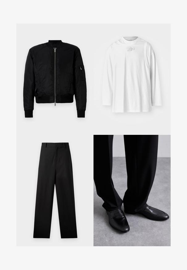 Black bomber jacket made of smooth fabric, featuring a front zip closure, ribbed cuffs, and a zip pocket on the left sleeve.; Feng Chen Wang DECONSTRUCTION UNISEX - Long sleeved top - white; Black trousers made of cotton with a straight-leg design, featuring a front button closure and side pockets. Smooth texture, no patterns.; Black leather loafers with a smooth texture, featuring a sleek design and prominent strap detail, paired with tailored black trousers.
