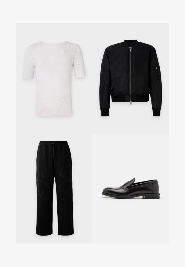 Jachetă bomber neagră dintr-un material neted, cu închidere prin fermoar frontal, manșete ribbed și un buzunar cu fermoar pe mâneca stângă.; Bally Tricou basic - white; Pantaloni de trening negri cu o croială relaxată, având modele de cusături complicate care se unduiesc pe lateral și un tiv elastic cu șnur.; Mocasini din piele neagră cu o textură netedă, vârf rotund și o curea decorativă peste partea superioară. Toc mic, design minimalist.
