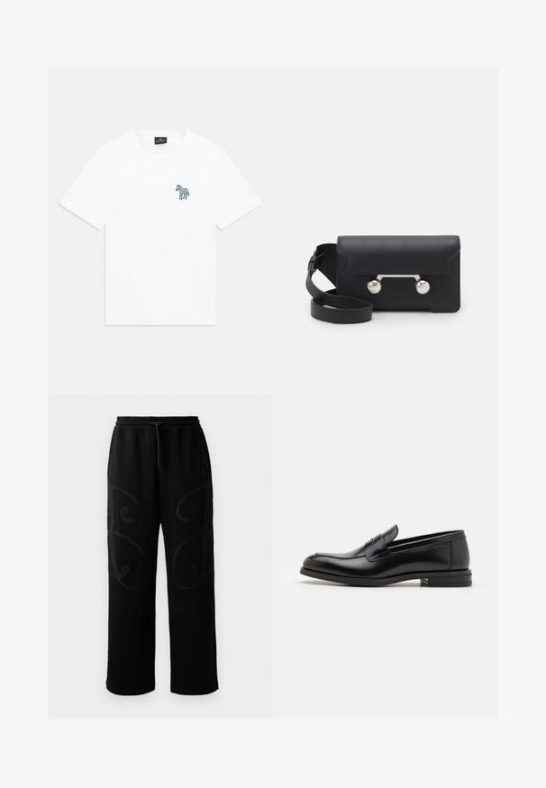 Melns bomber jakas, izgatavota no gludas auduma, ar priekšpusi rāvējslēdzēja aizdari, ribotām piedurknēm un rāvējslēdzēja kabatu kreisajā piedurknes pusē.; Balts īsām piedurknēm T-krekls ar apaļu kakla izgriezumu, ar mazu tumšu zebras grafiku kreisajā krūtī un melnu etiķeti iekšējā apkaklē.; Melni sporta bikses ar brīvu piegriezumu, kas apvieno sarežģītus griezuma šuvju rakstus gar sāniem un elastīgu jostu ar auklu.; Melnas ādas kurpes ar gludu tekstūru, noapaļu purngalu un dekoratīvu siksniņu pāri priekšpusei. Zems sakrauts papēdis, minimālisma dizains.; Melna ādas crossbody soma ar atloku aizdari, sudraba toņu aparatūru un divām apaļām detaļām. Iespējams noņemt siksnu. Gluda tekstūra.