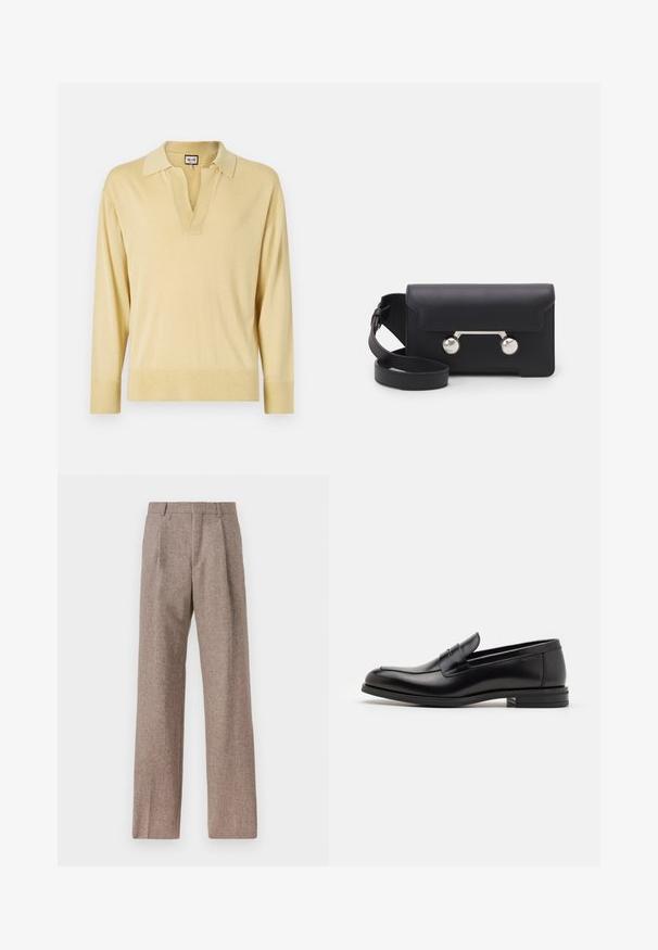 Schwarze Bomberjacke aus glattem Stoff, mit einem Reißverschluss vorne, gerippten Ärmeln und einer Reißverschlusstasche am linken Ärmel.; Langärmliger Poloshirt-Pullover in Hellgelb, mit V-Ausschnitt, kontrastierendem Kragen und gerippten Bündchen, aus einem weichen, glatten Material.; Braune, hochtaillierte Hose aus strukturiertem Stoff. Mit weitem Bein und zwei vorderen Bügelfalten für zusätzliche Form. Saubere Verarbeitung ohne sichtbare Hardware.; Schwarze Lederloafers mit glatter Textur, rundem Zehenbereich und einem dekorativen Riemen über dem Vorderfuß. Niedriger, gestapelter Absatz, minimalistisches Design.; Schwarze Leder-Umhängetasche mit Klappenverschluss, silberfarbener Hardware und zwei runden Akzenten. Verfügt über einen abnehmbaren Schulterriemen. Glatte Textur.