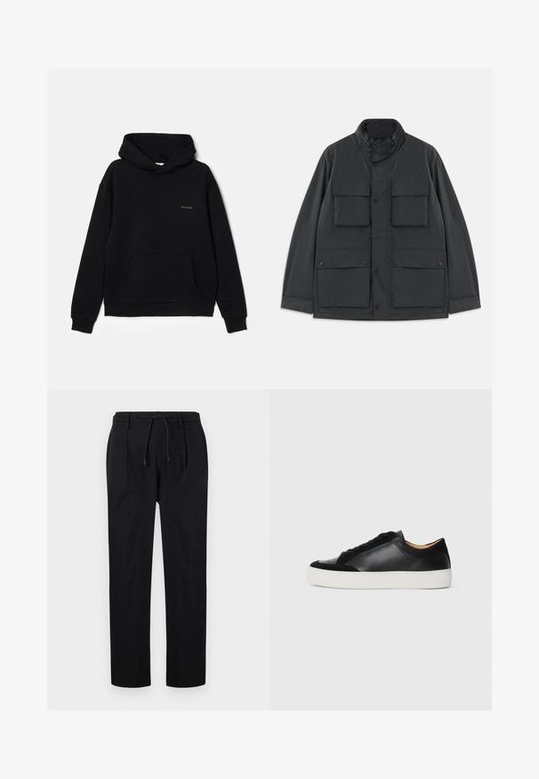 Giacca utility nera con quattro tasche anteriori a patta, chiusura a bottoni a pressione, maniche lunghe e colletto alto con zip.; Felpa nera realizzata in tessuto morbido, con tasca frontale, cappuccio con lacci e logo ricamato discreto sul petto. Design classico a pullover.; Pantaloni neri in tessuto liscio, con vita regolabile, gambe dritte e pieghe frontali per un aspetto strutturato.; Sneaker nera in pelle con accenti in suede, punta rotonda, suola piatta in gomma bianca e texture contrastanti sulla parte superiore e sui lacci.