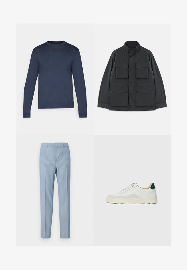Čierna pracovná bunda so štyrmi prednými vreckami na klopu, zapínaním na patentky, dlhými rukávmi a vysokým golierom so zipsom.; Námornícky modrý sveter s okrúhlym výstrihom vyrobený z hladkého pleteného materiálu. Má dlhé rukávy a rebrované manžety. Jednoduchý a elegantný dizajn.; Svetlo modré pruhované nohavice v úzkom strihu, so zvislými prúžkami v bielej farbe. Vyrobené z hladkej tkaniny s prispôsobeným dizajnom.; Biele tenisky s semišovými akcentmi, zaoblenou špičkou, plochými šnúrkami a krémovou gumovou podrážkou. Na päte sú zelené značky.