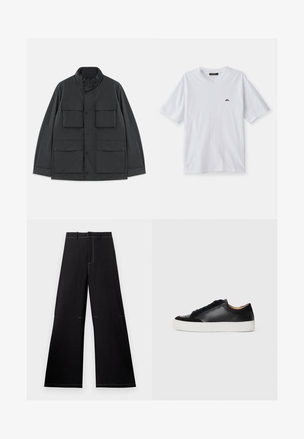Must mustri sviiter nelja eesmine tasku, nööpidega sulgemine, pikad varrukad ja kõrge krae, millel on tõmblukk.; Valge puuvillane t-särk ümara kaelusega ja lühikeste varrukatega, millel on rindkere kohal väike must logo. Sile tekstuur ja mugav lõige.; Mustad laiad mustad püksid, millel on valged õmblused, nupuga kinnitamine ja vöökohal aasadega. Valmistatud kergest kangast.; Must musta tennis jalanõud, millel on sametised aktsendid, ümar varvas, sirge valge kummitald ja kontrastsed tekstuurid kehadel ja paeladel.