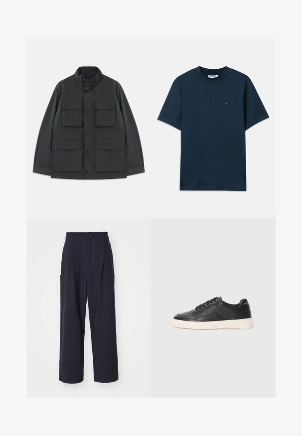 Casaco utilitário preto com quatro bolsos frontais com aba, fechos de botão de pressão, mangas longas e um colarinho alto com fecho zip.; T-shirt de algodão azul-marinho com gola redonda, mangas curtas e um logótipo discreto estampado no peito. Textura suave e corte clássico.; Calças cargo navais com costura azul, cintura elástica, dois bolsos laterais, design de perna reta e textura de tecido macio.; Sapatilha em couro preto com acabamento texturizado, biqueira redonda e sola plana de borracha branca. Apresenta atacadores pretos e uma marca na parte de trás.