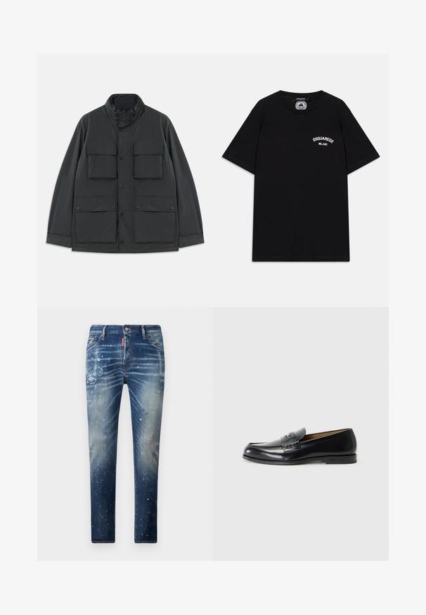 Črna delovna jakna s štirimi sprednjimi žepi z zavihki, zapenjanjem na pritisne gumbe, dolgimi rokavi in visokim ovratnikom z zadrgo.; Črna bombažna majica s kratkimi rokavi, s belim logotipom "DSQUARED2 MILANO" na prsih. Oblika s krožnim ovratnikom, gladka tekstura.; Temno modri jean hlače z zbledelimi predeli, poškodovanimi obliži in belimi barvnimi madeži. Dizajn ravne noge s klasičnim pet-pocket načinom.; Usnjeni loafers v črni barvi s gladko površino, okroglo konico, dekorativnim šivanjem in majhnim kovinskim dodatkom spredaj.