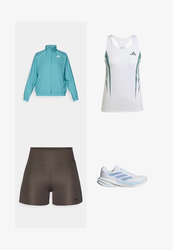 Cyan zip-jacka med ståkrage. Har vit piping längs axlarna och en liten logotyp på vänster bröst. Lätt material.; Vit sporttopp med turkosa detaljer och ett geometriskt mönster. Har en racerback-design och ett lätt, texturerat tyg.; adidas Performance OPTIME RAW CUT HEM - Tights - shadow olive; Vita löparskor med ljusblå accenter, andningsbart nätöverdel, tre-randsdesign, dämpad sula och strukturerad dragkraftssula.