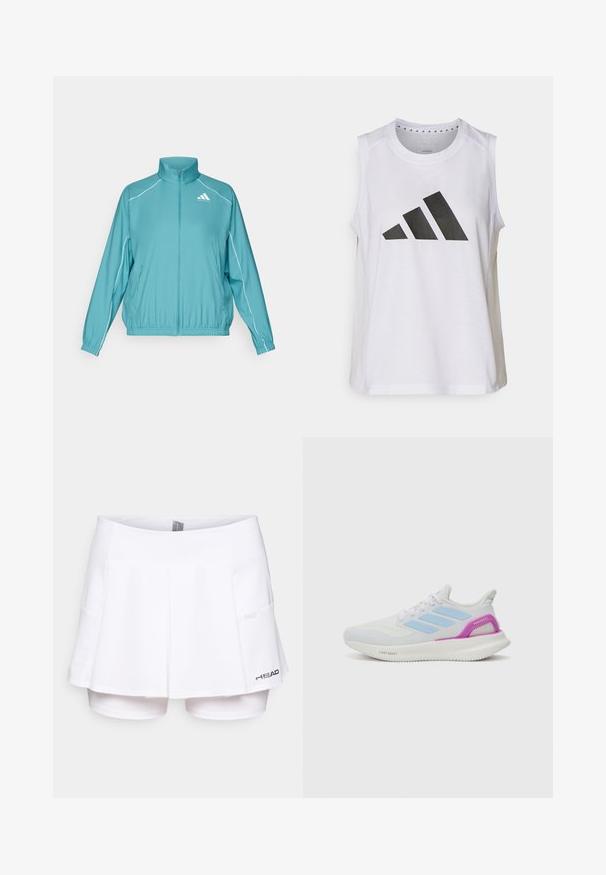 Turkizna bunda na zip s stoječim ovratnikom. Ima bele obloge duž ramena i mali logo na levom grudnom delu. Lagani materijal.; Bela brezrokavna športna majica s krožnim izrezom, ki na sprednji strani vsebuje velik črn Adidas logotip, sestavljen iz treh črt.; Bela teniška krila z vgrajenimi hlačami, ki imajo teksturirano mrežasto tkanino, naborke ter majhen logotip na desni strani.; adidas Performance PUREBOOST 5 - Tekaški copati za cesto - white/glow blue/purple burst