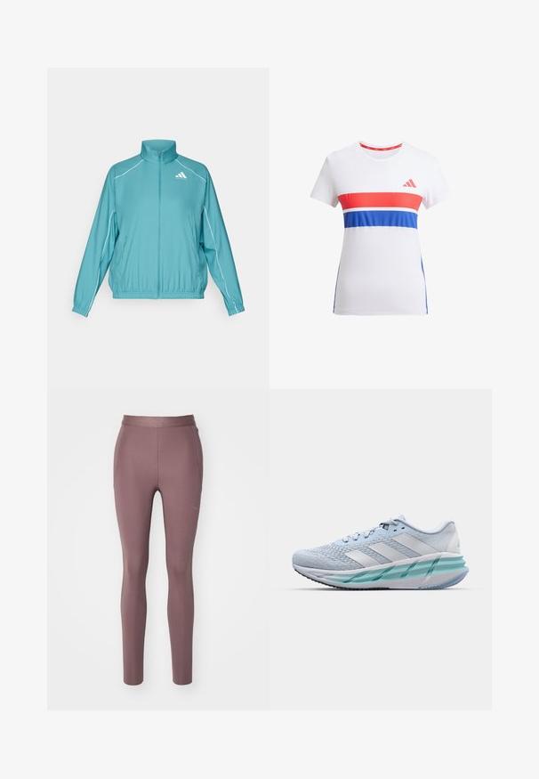 Tyrkysová bunda na zip s stojáčkem. Na ramenech má bílé lemování a na levém prsu malou nášivku. Lehký materiál.; Bílý sportovní tričko s červenými a modrými vodorovnými pruhy, kulatým výstřihem, krátkými rukávy a logem na hrudi.; HOKA NOVAFLY RUN - Běžecké legíny - smokey quartz; Světlomodré sportovní boty s texturovaným pleteným svrškem, bílými akcenty a průhledným zeleným mezipodešví. Oválná špička a polstrovaný límec.