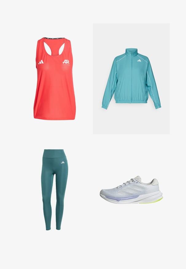 Teal zip-up jacket with a stand collar. Features white piping along the shoulders and a small logo on the left chest. Lightweight material.; Red athletic tank top with a scoop neckline, racerback design, Adidas logo, and "AR" branding. Made from breathable, textured fabric.; High-waisted teal leggings made of smooth, stretchy fabric, featuring a white logo on the left thigh and a fitted design.; White athletic shoe with a breathable mesh upper, textured design, and lavender accent. Features a cushioned sole with green outsole details.