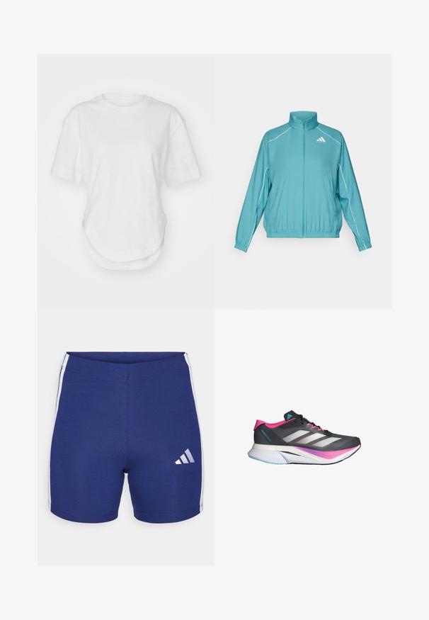 Chaqueta de zip en color azul verdoso con cuello alto. Presenta ribetes blancos en los hombros y un pequeño logo en el lado izquierdo del pecho. Material ligero.; Camiseta de algodón blanca con cuello redondo, mangas cortas y dobladillo curvado. Textura suave sin patrones ni acentos.; Pantalones cortos deportivos de color azul marino, hechos de una tela elástica con franjas laterales blancas y un logo reflectante de Adidas en la pierna izquierda.; Zapatilla de correr con parte superior de malla gris, acentos en rosa y rayas blancas. Cuenta con una suela acolchada y un diseño elegante y aerodinámico.
