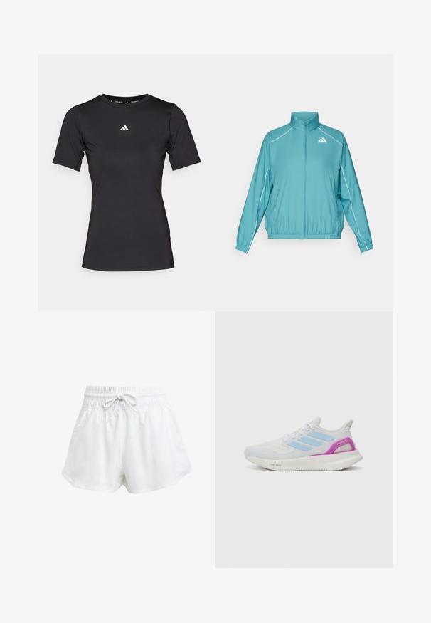 Chaqueta de zip en color azul verdoso con cuello alto. Presenta ribetes blancos en los hombros y un pequeño logo en el lado izquierdo del pecho. Material ligero.; Camiseta deportiva negra de manga corta hecha de tejido elástico. Presenta un cuello redondo y un pequeño logotipo blanco en el pecho.; Pantalones cortos deportivos blancos con cintura elástica y cordón ajustable. Hechos de material ligero, cuentan con bolsillos laterales y un corte holgado.; adidas Performance PUREBOOST 5 - Zapatillas running asfalto - white/glow blue/purple burst