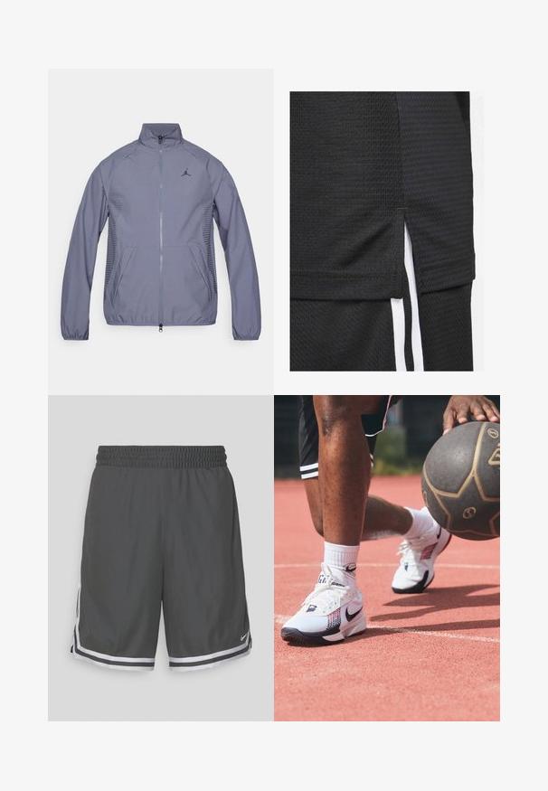 Jasnoszara kurtka zapinana na zamek z wysokim kołnierzem, bocznymi kieszeniami, siateczkowymi akcentami i czarnym logo na piersi. Gładki, sportowy materiał.; Czarna sportowa koszulka z teksturowanej tkaniny, krótkim dołem z bocznymi rozworami oraz białymi akcentami wzdłuż boków.; Czarne spodenki sportowe z siateczkowego materiału, z elastycznym pasem, białymi paskami i bocznymi rozcięciami dla większej swobody ruchów. Obecne logo Nike.; Białe buty sportowe z czarnymi i czerwonymi akcentami, z teksturowanym cholewką i wyraźnym logo w kształcie łyżwy, noszone na boisku z piłką koszykową.