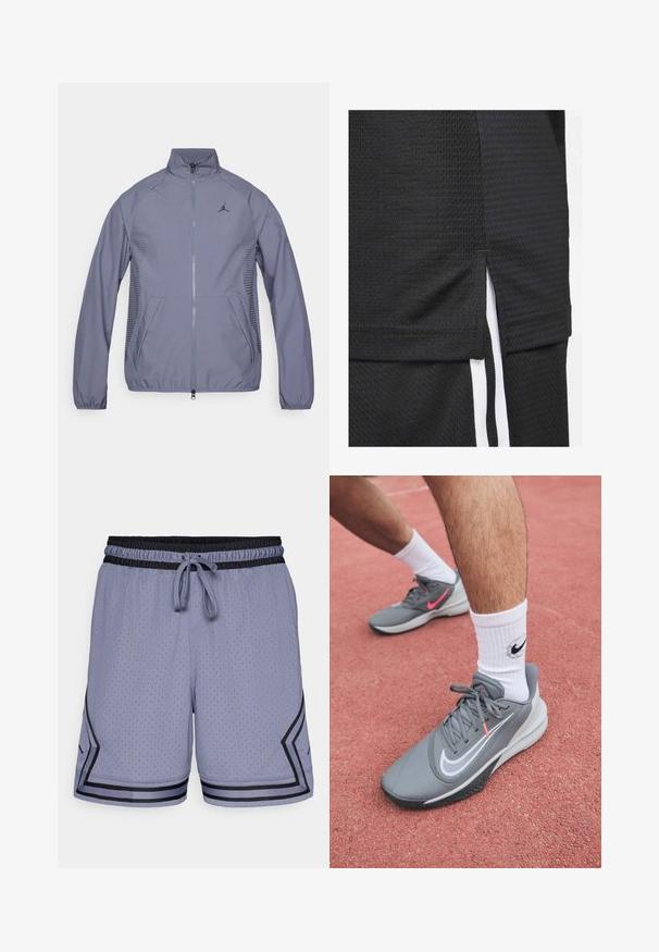 Giacca zip con colletto alto di colore grigio chiaro, con tasche laterali, dettagli in rete e logo nero sul petto. Tessuto morbido e atletico.; Maglia sportiva nera realizzata in un tessuto testurizzato, con orlo corto e spacchi laterali, e strisce bianche decorative lungo i lati.; Pantaloni corti sportivi blu chiaro con una texture a rete, vita elastica, regolabile con cordino e dettagli neri lungo l'orlo e il lato.; Le scarpe da ginnastica grigie presentano una tomaia in rete, un logo swoosh bianco e una suola in gomma nera texturizzata. Abbinato a calze bianche lunghe fino al polpaccio.