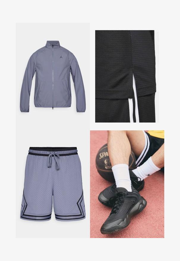 Jachetă zip-up de culoare gri deschis, cu guler înalt, buzunare laterale, accente din plasă și un logo negru pe piept. Material neted, athletic.; Tricou sport negru dintr-un material texturat, cu hem scurt și slituri laterale, și dungi albe de accent pe laturi.; Shorts atletici de culoare albastră deschisă, cu o textură din plasă, talie elastică, șnur de ajustare și accente negre pe margine și pe o parte.; Adidași negri sport, cu un material texturat și un design curbat. Așezați pe o minge de baschet, asortați cu șosete albe cu dungi pe un fond roz.