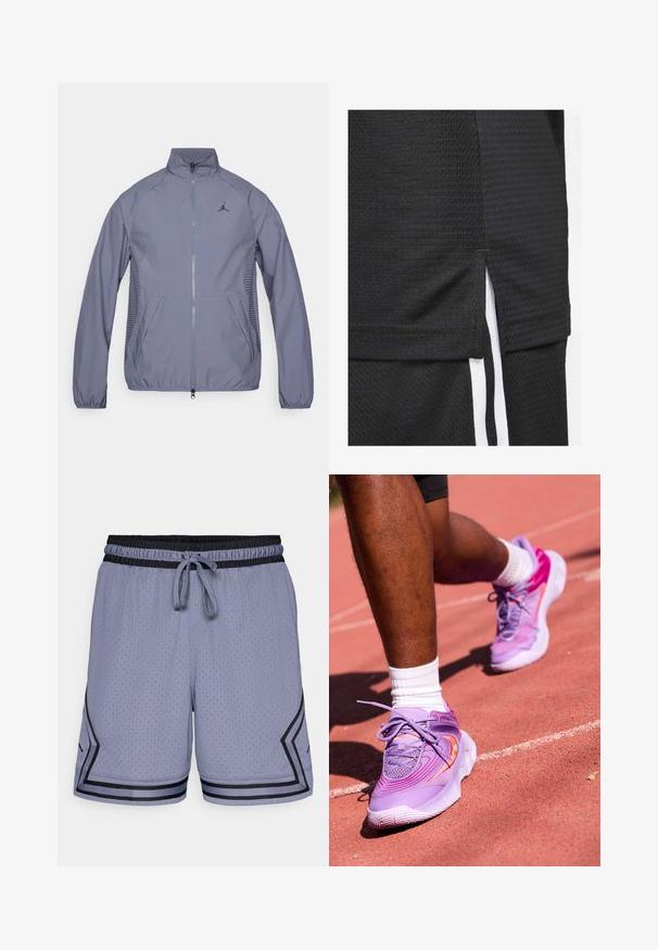 Giacca zip con colletto alto di colore grigio chiaro, con tasche laterali, dettagli in rete e logo nero sul petto. Tessuto morbido e atletico.; Maglia sportiva nera realizzata in un tessuto testurizzato, con orlo corto e spacchi laterali, e strisce bianche decorative lungo i lati.; Pantaloni corti sportivi blu chiaro con una texture a rete, vita elastica, regolabile con cordino e dettagli neri lungo l'orlo e il lato.; Nike Performance GIANNIS IMMORTALITY 4 - Scarpe da basket - black raspberry/aster pink/hot punch