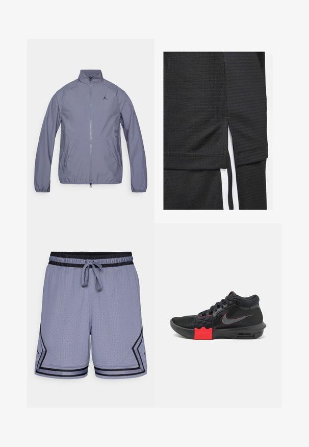 Chaqueta de cremallera gris claro con un cuello alto, bolsillos laterales, detalles de malla y un logo negro en el pecho. Tejido suave y atlético.; Camiseta deportiva negra con un tejido texturizado, dobladillo corto con aberturas laterales y rayas blancas de acento a lo largo de los lados.; Pantalones cortos deportivos de color azul claro con textura de malla, cinturilla elástica, cordón y acentos negros a lo largo del dobladillo y los laterales.; Zapatillas deportivas negras con parte superior de malla, acentos rojos en la entresuela y una unidad de aire visible. Presenta paneles laterales texturizados y cordones.