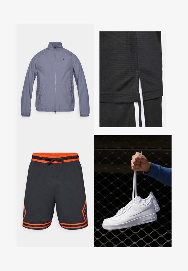 Vaaleanharmaa vetoketjullinen takki, jossa on korkea kaulus, sivutaskut, verkkokankaiset yksityiskohdat ja musta logo rinnassa. Silkkinen, urheilullinen kangas.; Musta urheilupaita, jossa on teksturoitu kangas, lyhyt helma sivuvaihteilla ja valkoiset tehosteviivat sivuilla.; Musta urheilu shortsit oransseilla yksityiskohdilla, joissa on verkkomainen rakenne, elastinen vyötärönyöri nyörillä ja kontrastiväriset sivuviivat.; Valkoiset nahkasneakersit, joissa on rei'ityksiä, pyöreä kärki, tasapohja ja paksut nauhat, joissa on näkyvä swoosh-logo ja "AIR" kantapäässä.