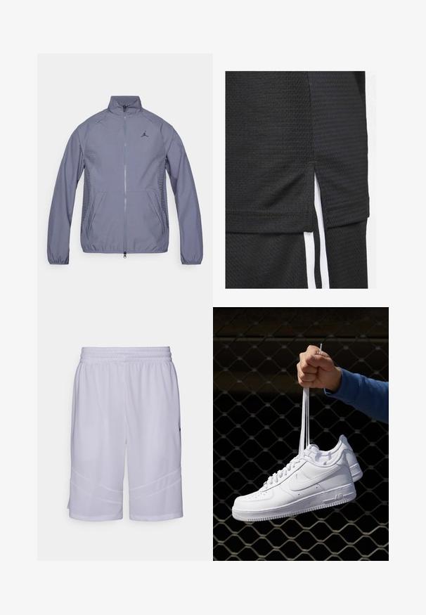Hellgraue Zip-Jacke mit hohem Kragen, Seitentaschen, Mesh-Akzenten und einem schwarzen Logo auf der Brust. Glattes, sportliches Material.; Schwarzes Sporttrikot aus strukturiertem Stoff, mit kurzem Saum und seitlichen Schlitzen sowie weißen Akzentstreifen an den Seiten.; Weiße Sportshorts aus atmungsaktivem Mesh-Gewebe. Mit einem elastischen Bund und schrägen Paneeldetails am Saum.; Weiße Leder-Sneaker mit Perforationen, runder Zehenpartie, flacher Sohle und dicken Schnürsenkeln, mit sichtbar eingesticktem Swoosh-Logo und "AIR" an der Ferse.